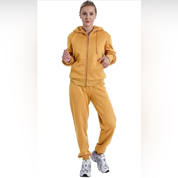 2 Piece Tracksuit Sherpa Fleece Lined Zip Up Hoodie & Joggers Mustard Yellow NEW - Picture 4 of 13